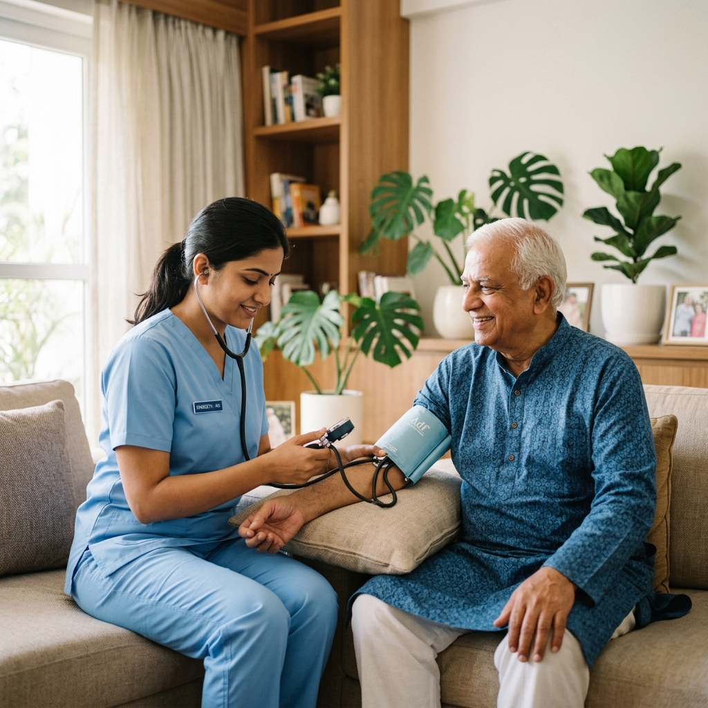 Professional nurse caring for elderly patient at home